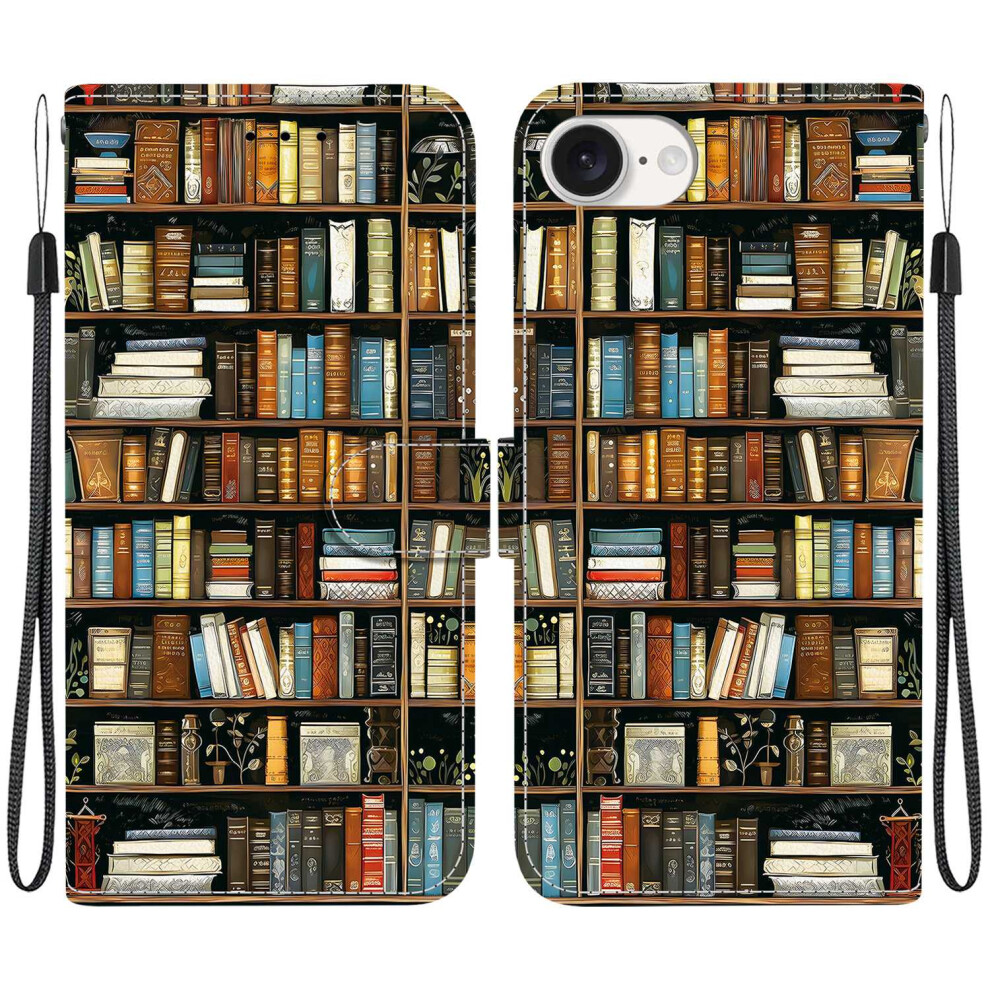 (Bookshelf) For Iphone 17E / 16E Leather Case Stand Wallet Pattern Printing Phone Cover With Wrist Strap 6914293333292