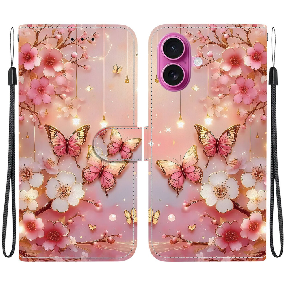 (Lantern Butterfly) For Iphone 17 Leather Case Stand Wallet Pattern Printing Phone Cover With Wrist Strap 6914294238367