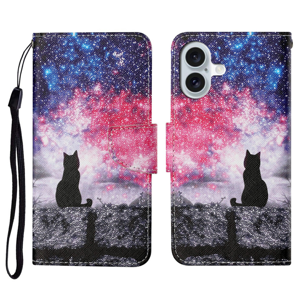 (Galaxy Cat) For Iphone 17 Case Pattern Printing Protective Leather Folio Phone Cover With Wrist Strap 6914295737180