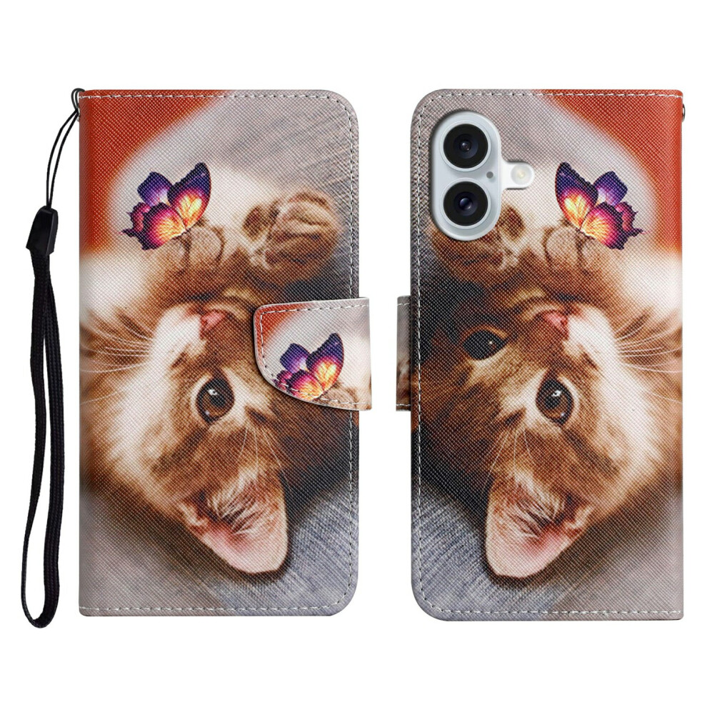 (Butterfly Cat) For Iphone 17 Case Pattern Printing Protective Leather Folio Phone Cover With Wrist Strap 6914295699938