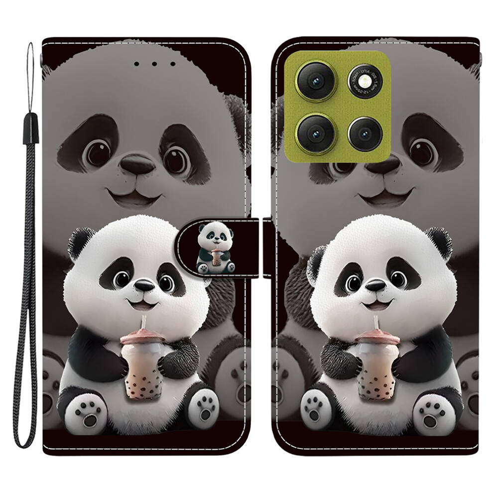 (Milk Tea Panda) For Motorola Moto G86 5G Leather Case Stand Wallet Pattern Printing Phone Cover With Wrist Strap 6914291682323