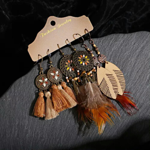 Conjunto de brincos vintage de penas estilo boho com borla marrom (3 peças) 2