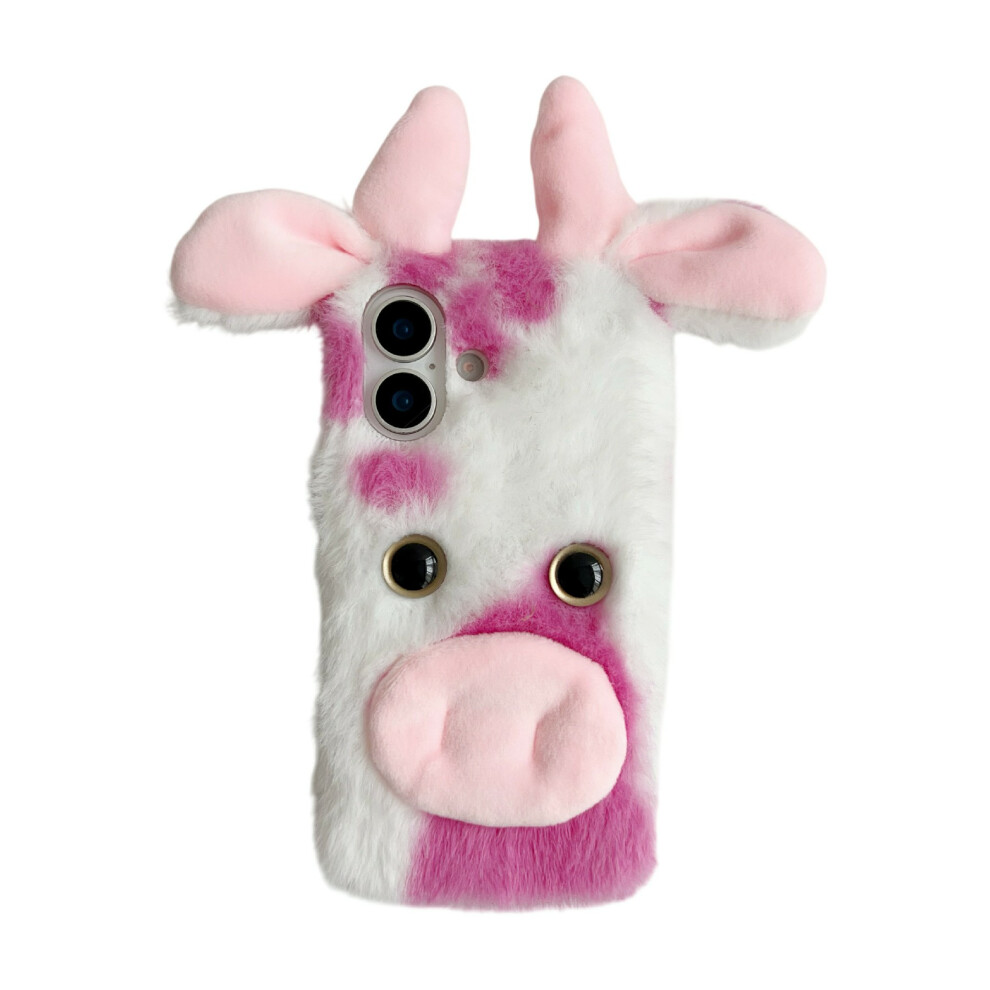 (Pink) For Iphone 17 Case Fluffy Cute Cow Winter Plush Inner Tpu Phone Cover Pink 6914297348674