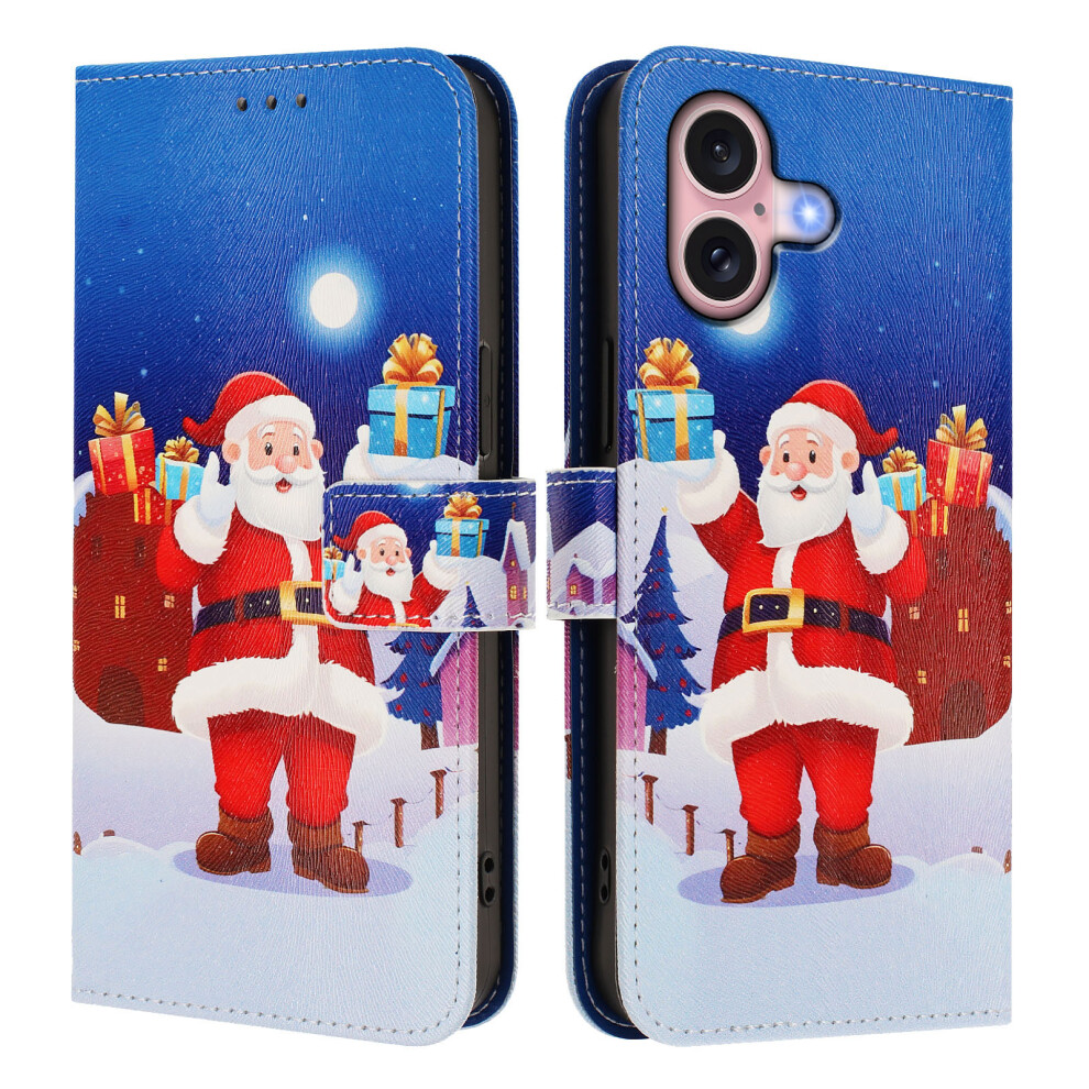 (Christmas Night Scene) For Iphone 16 Wallet Case Christmas Pattern Printing Leather Phone Cover With Lanyard 6914291838324