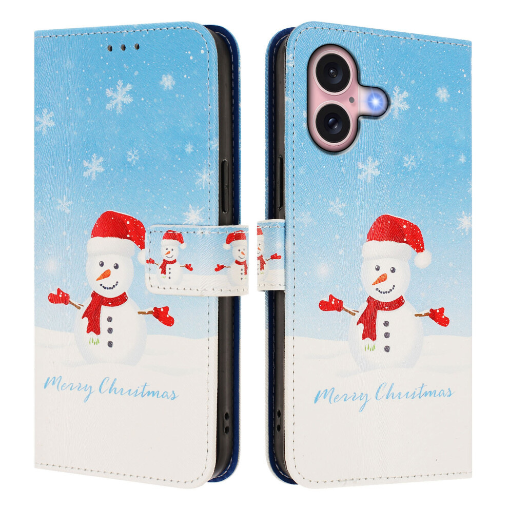 (Snowflake Snowman) For Iphone 16 Wallet Case Christmas Pattern Printing Leather Phone Cover With Lanyard 6914298940648