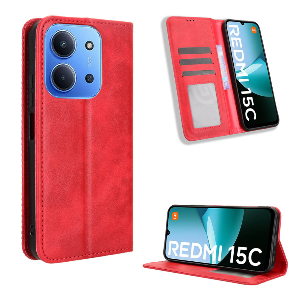 (Red) For Xiaomi Mi 15C 4G (Global) (171Mm) / Poco C85 4G (171Mm) Leather Case Wallet Stand Retro Texture Phone Cover Red 6914293196989
