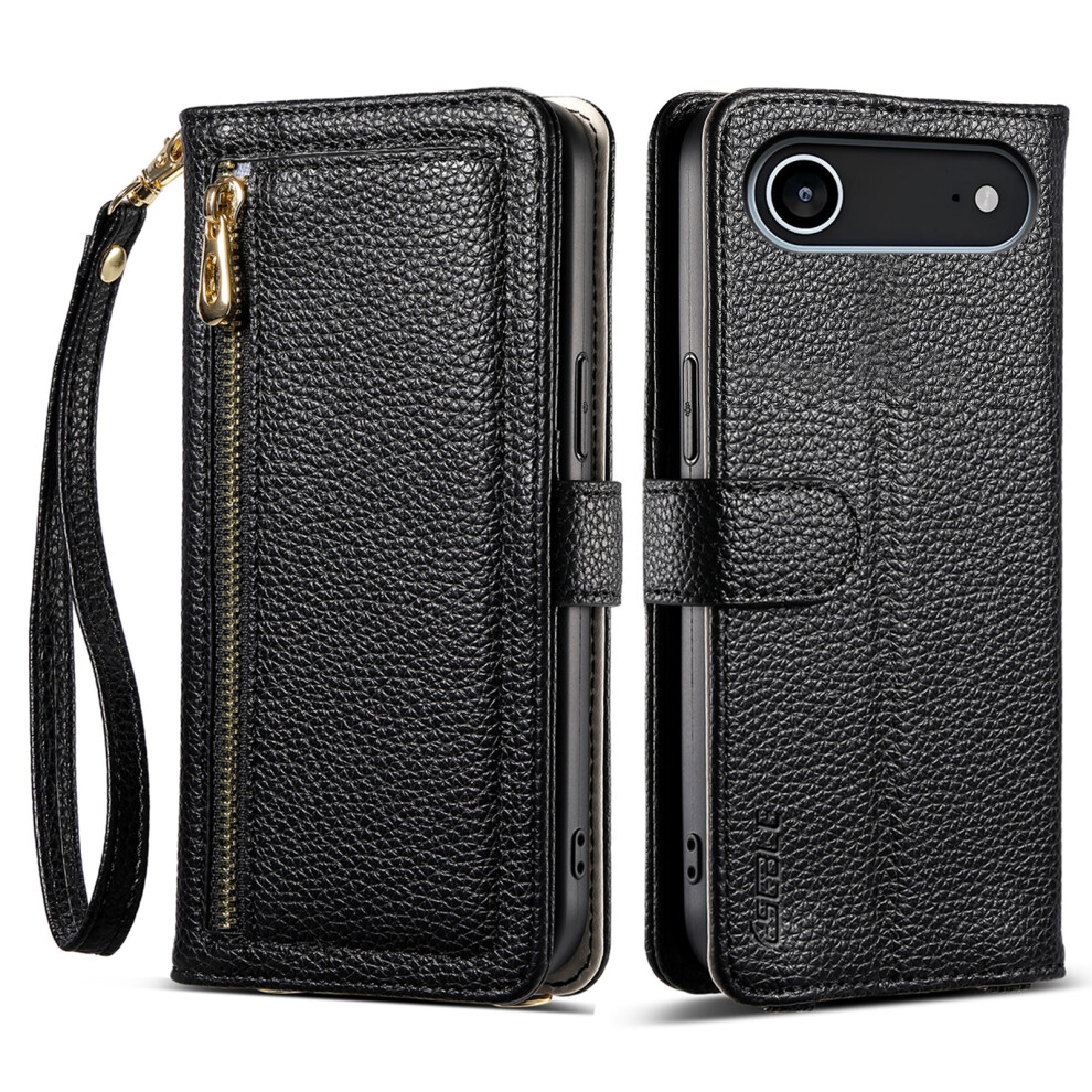 (Black) Eseble E11 For Iphone Air Case Zipper Pocket Litchi Texture Leather Phone Cover With Mirror And Wrist Strap Black 6914299978121