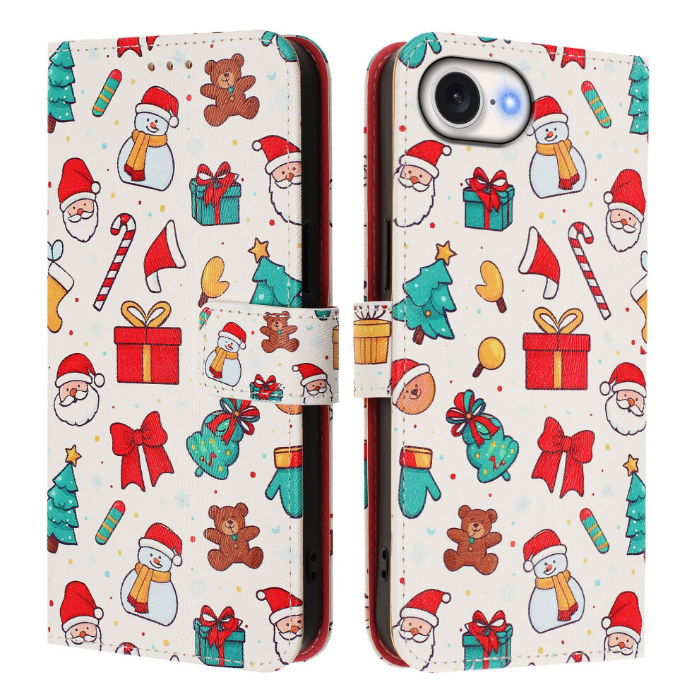 (Christmas Elements) For Iphone 17E / 16E Wallet Case Christmas Pattern Printing Leather Phone Cover With Lanyard 6914294450639