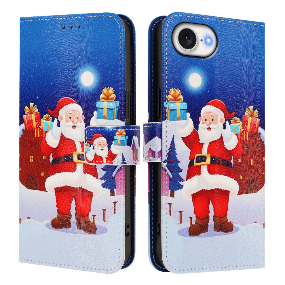 (Christmas Night Scene) For Iphone 17E / 16E Wallet Case Christmas Pattern Printing Leather Phone Cover With Lanyard 6914293065919