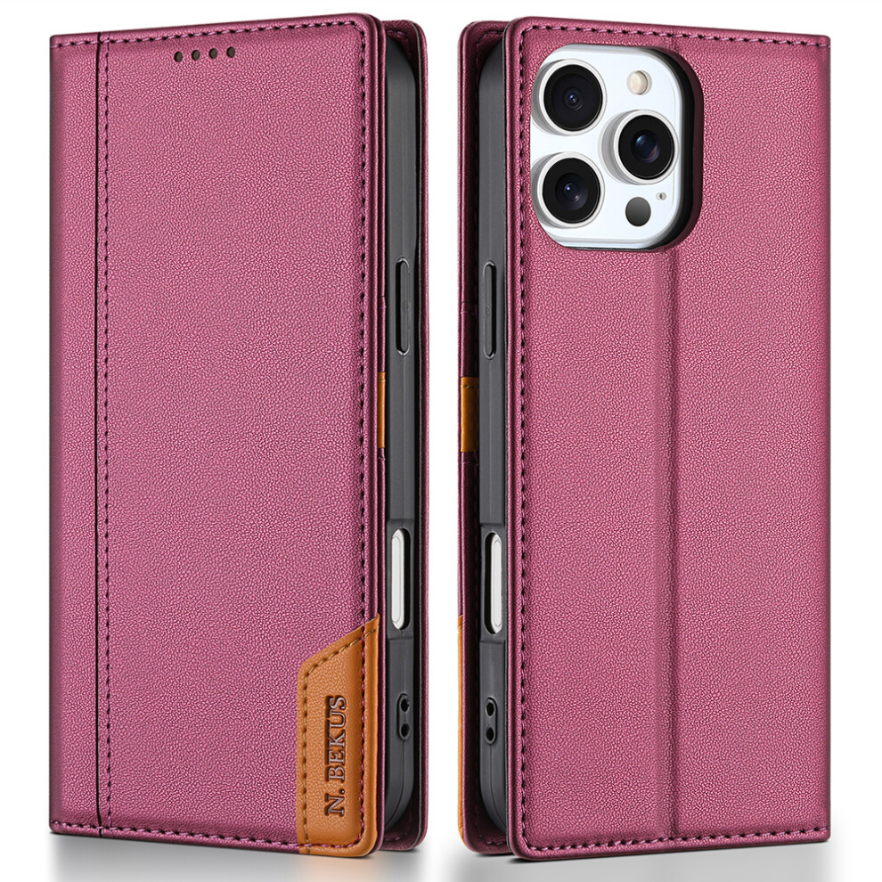 (Wine ) N.bekus P3 For Iphone 16 Pro Case Rfid Blocking Wallet Stand Pu Leather Flip Phone Cover Red 6914292401589