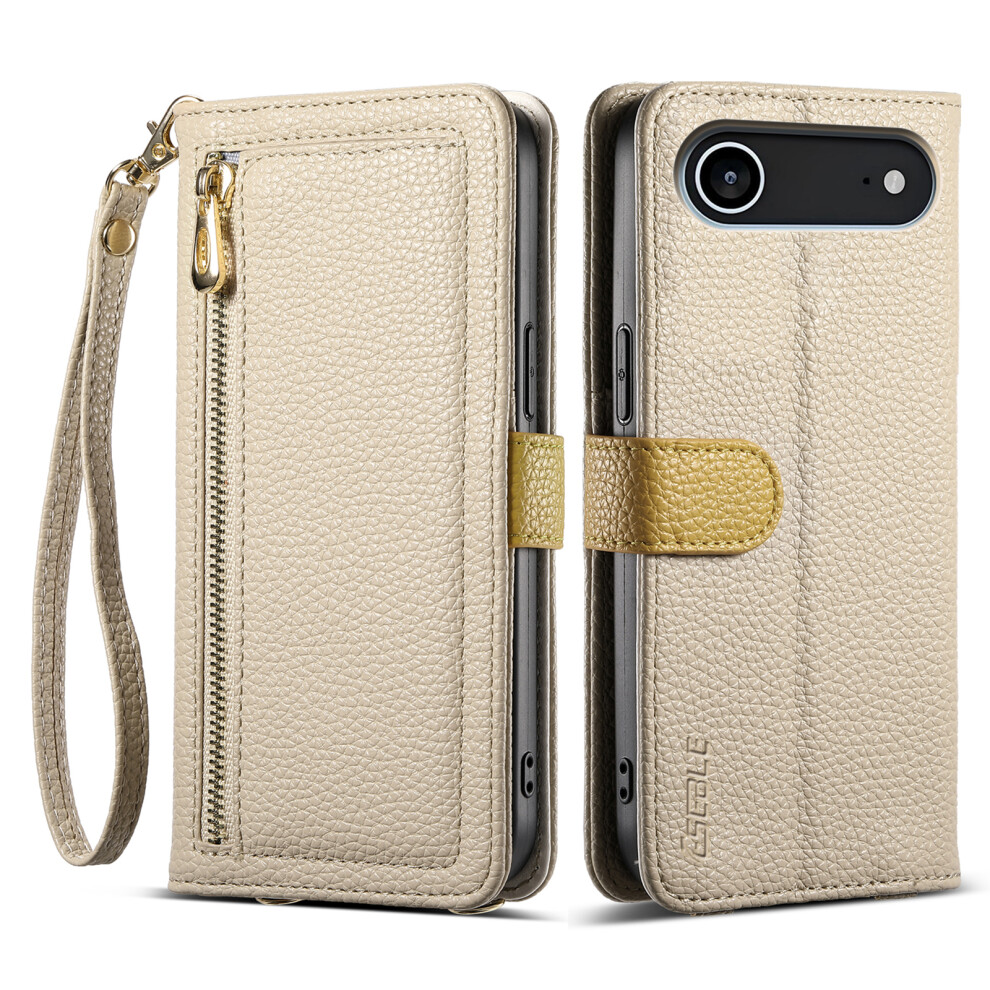 (Khaki) Eseble E11 For Iphone Air Case Zipper Pocket Litchi Texture Leather Phone Cover With Mirror And Wrist Strap 6914297250625