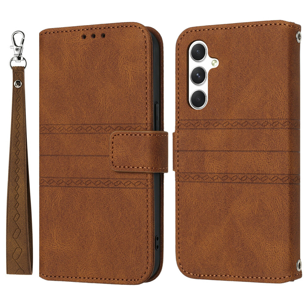 (Brown) For Samsung Galaxy S25 Fe Case Wallet Skin-Touch Leather Imprinted Phone Cover With Wrist Strap Brown 6914290754700