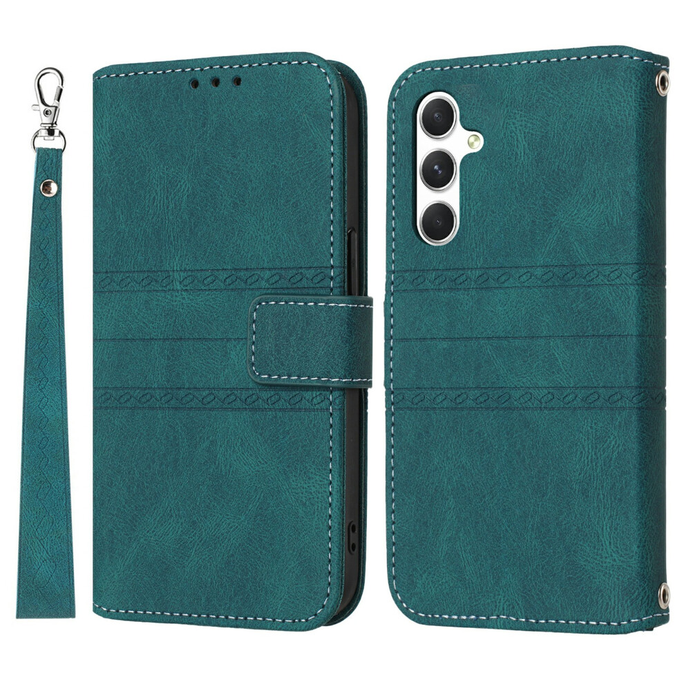 (Blackish ) For Samsung Galaxy S25 Fe Case Wallet Skin-Touch Leather Imprinted Phone Cover With Wrist Strap Green 6914293062253
