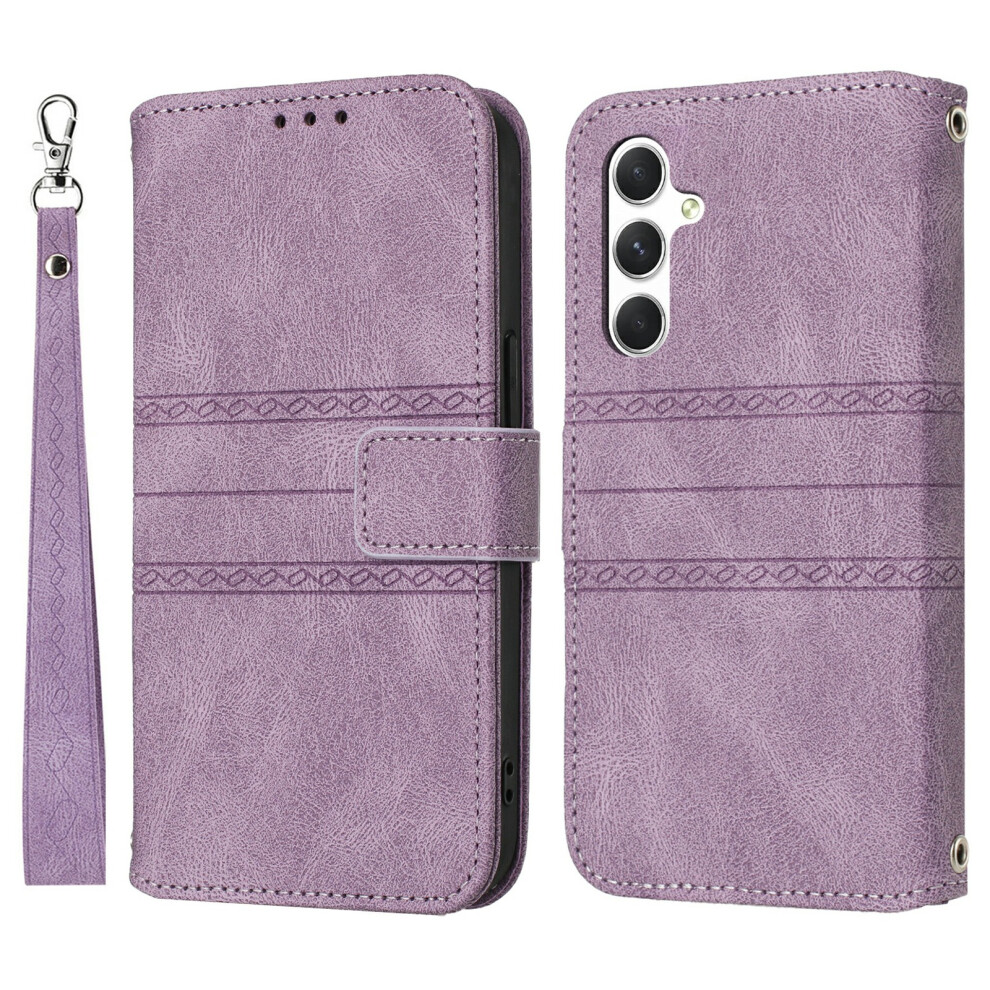 (Purple) For Samsung Galaxy S25 Fe Case Wallet Skin-Touch Leather Imprinted Phone Cover With Wrist Strap Purple 6914292697289
