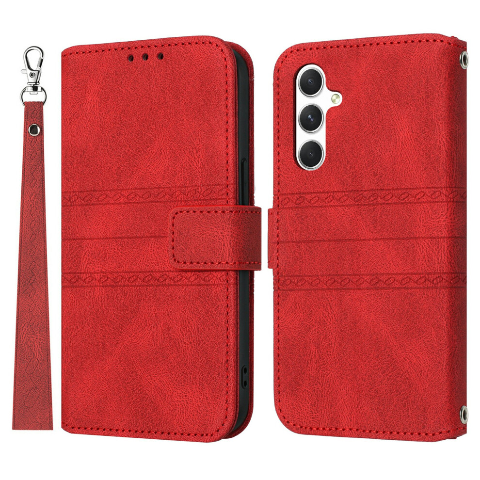 (Red) For Samsung Galaxy S25 Fe Case Wallet Skin-Touch Leather Imprinted Phone Cover With Wrist Strap Red 6914297646466
