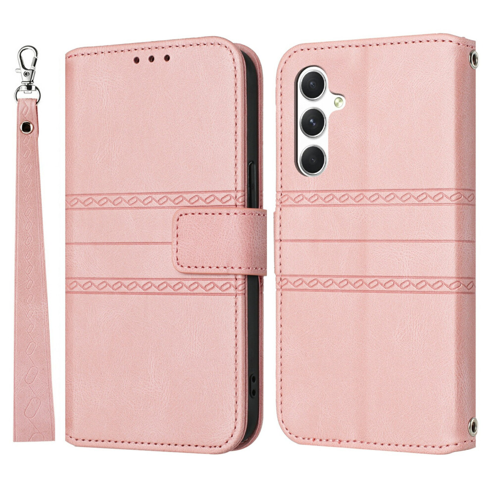 (Pink) For Samsung Galaxy S25 Fe Case Wallet Skin-Touch Leather Imprinted Phone Cover With Wrist Strap Pink 6914291760229
