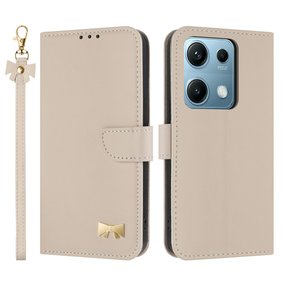 (Khaki) For Xiaomi Redmi Note 14S 4G Case Bowknot Decor Wallet Leather Phone Cover With Wrist Strap 6914293494931