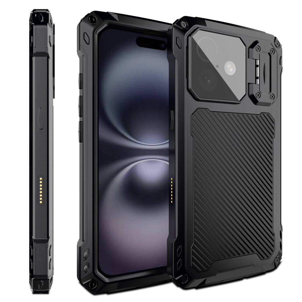(Black) For Iphone 16 Case Aluminum Alloy + Silicone Lens Kickstand Phone Cover With Tempered Glass Film Black 6914295575577