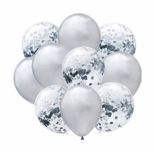 Silver Metallic Confetti Balloons Birthday 10-pack