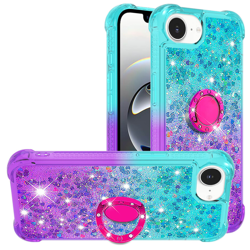 (+Purple) For Iphone 17E / 16E Tpu Case With Kickstand Gradiant Quicksand Shockproof Cover Sky Blue/Purple 6914294148482
