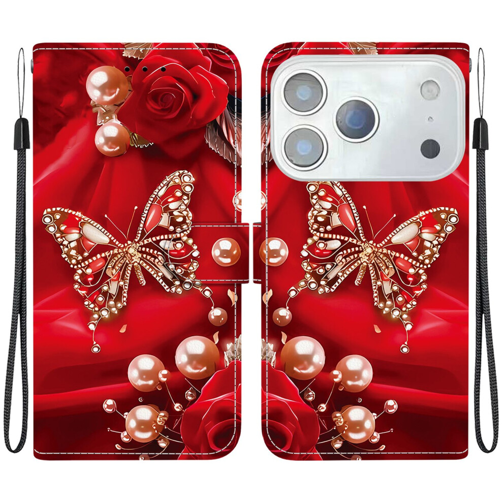 (Pearl Butterfly Rose) For Iphone 17 Pro Leather Case Stand Wallet Pattern Printing Phone Cover With Wrist Strap White 6914297659978