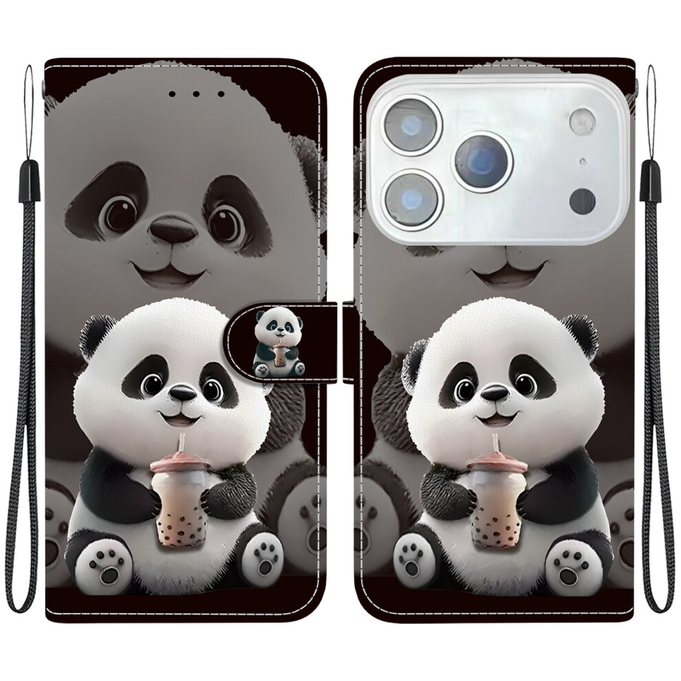 (Milk Tea Panda) For Iphone 17 Pro Leather Case Stand Wallet Pattern Printing Phone Cover With Wrist Strap 6914294761759