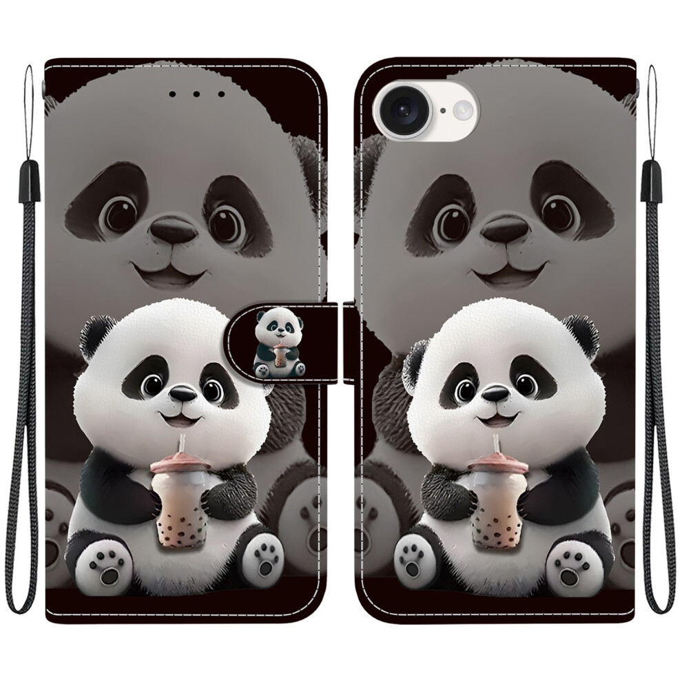 (Milk Tea Panda) For Iphone 17E / 16E Leather Case Stand Wallet Pattern Printing Phone Cover With Wrist Strap 6914292211980