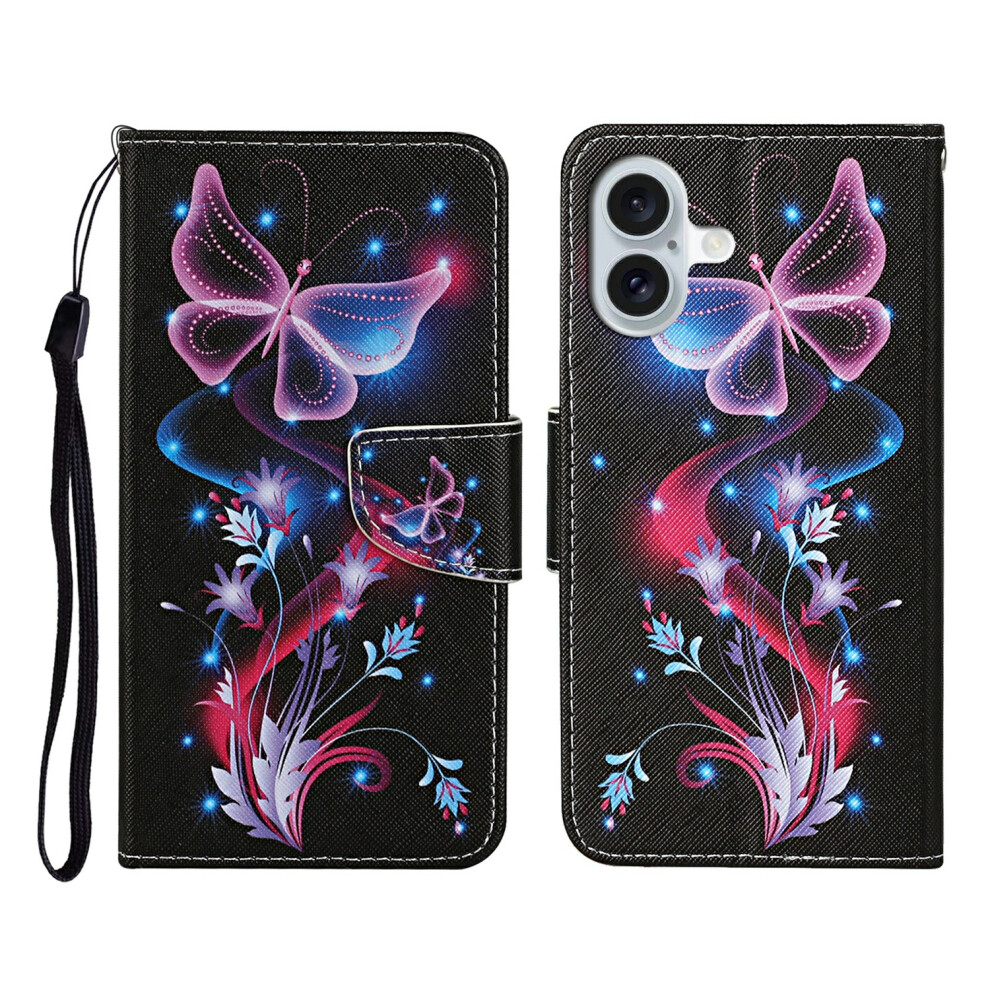 (Glowing Butterfly) For Iphone 17 Case Pattern Printing Protective Leather Folio Phone Cover With Wrist Strap 6914290563487