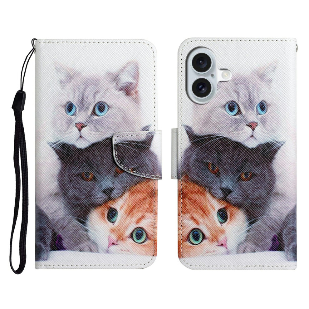 (Three Cats) For Iphone 17 Case Pattern Printing Protective Leather Folio Phone Cover With Wrist Strap 6914295417211