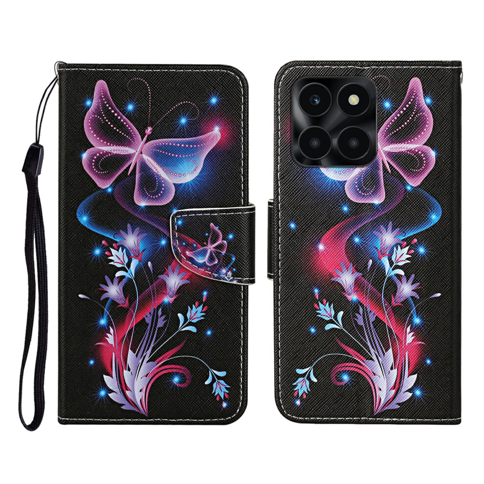 (Glowing Butterfly) Protective Case For Honor X6c 4G / X6b 4G / X6a 4G / X5b / X5b Plus Pattern Printing Leather Folio Phone Cover With Wrist 6914298742976