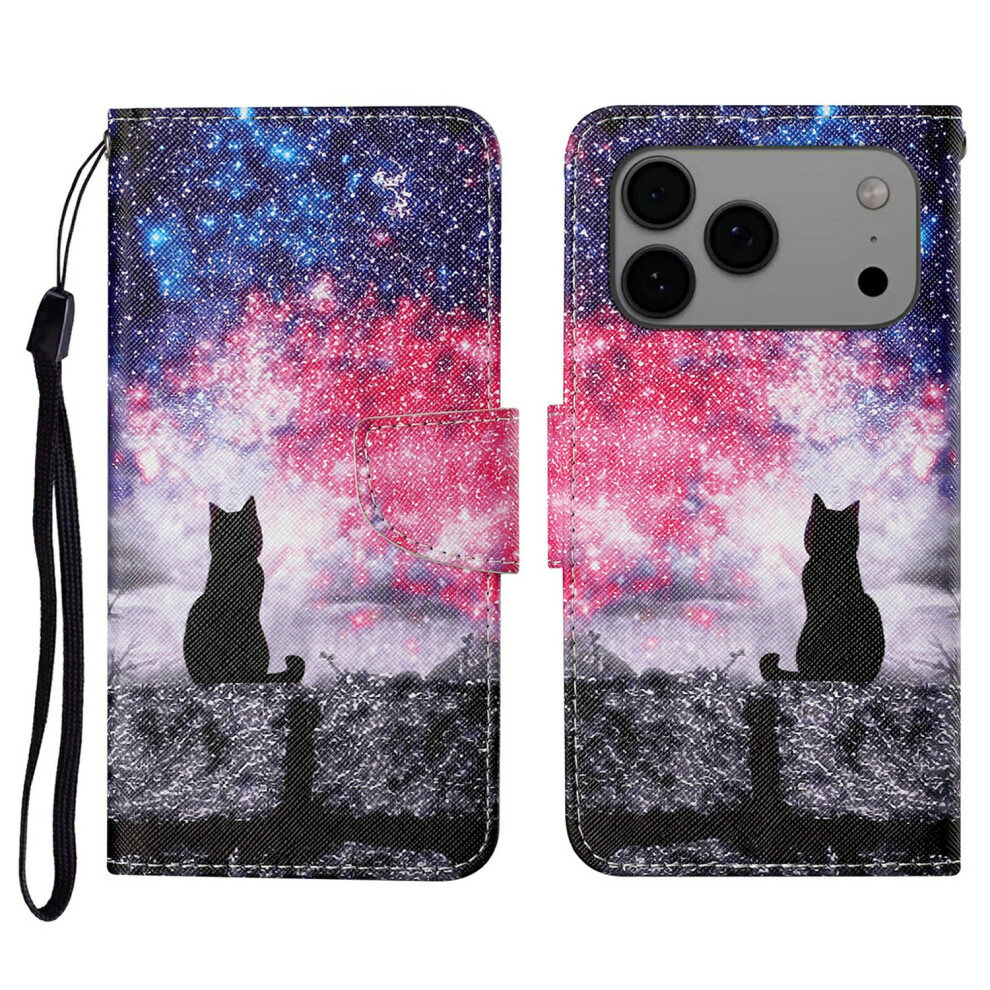 (Galaxy Cat) For Iphone 17 Pro Max Case Pattern Printing Protective Leather Folio Phone Cover With Wrist Strap 6914297621166