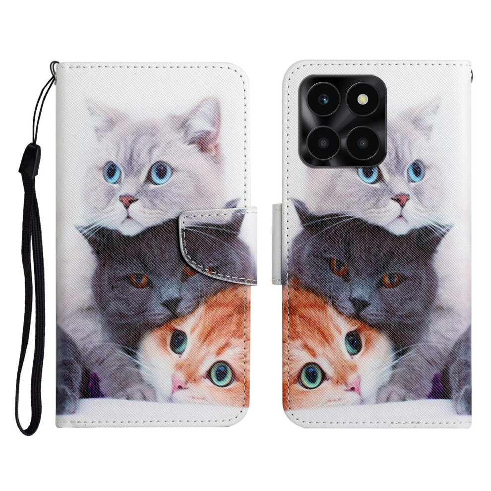 (Three Cats) Protective Case For Honor X6c 4G / X6b 4G / X6a 4G / X5b / X5b Plus Pattern Printing Leather Folio Phone Cover With Wrist 6914290322695