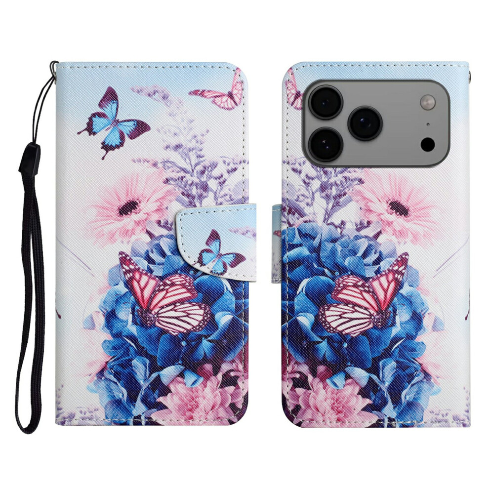 ( Butterfly) For Iphone 17 Pro Max Case Pattern Printing Protective Leather Folio Phone Cover With Wrist Strap Purple 6914299662693