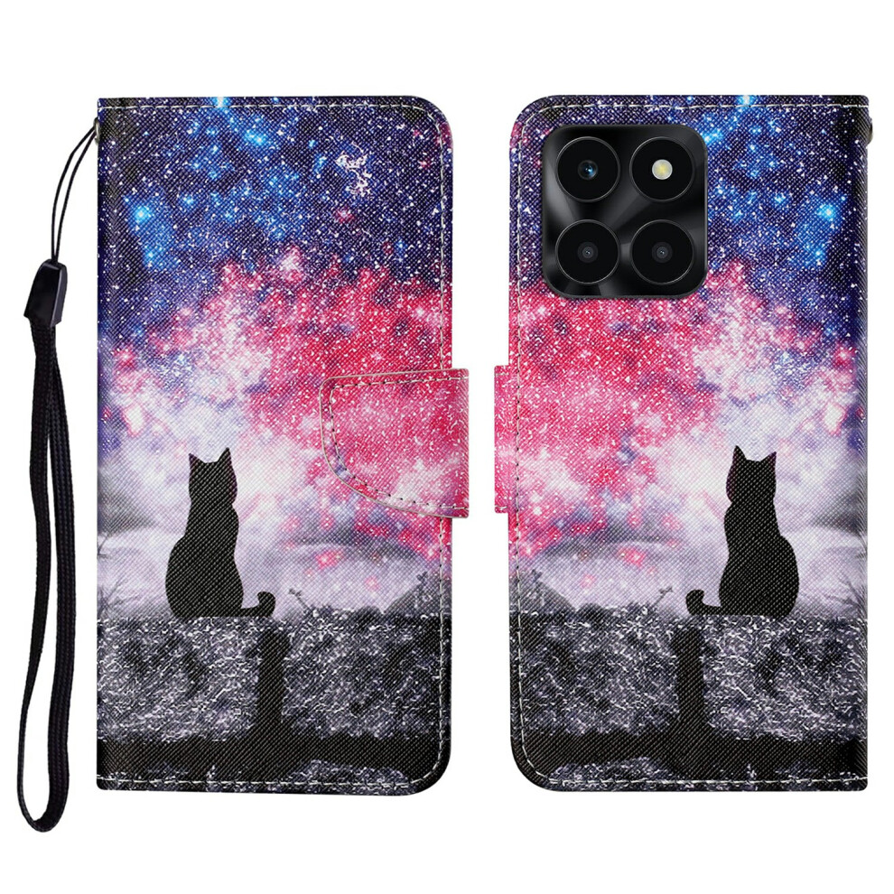 (Galaxy Cat) Protective Case For Honor X6c 4G / X6b 4G / X6a 4G / X5b / X5b Plus Pattern Printing Leather Folio Phone Cover With Wrist 6914297656564