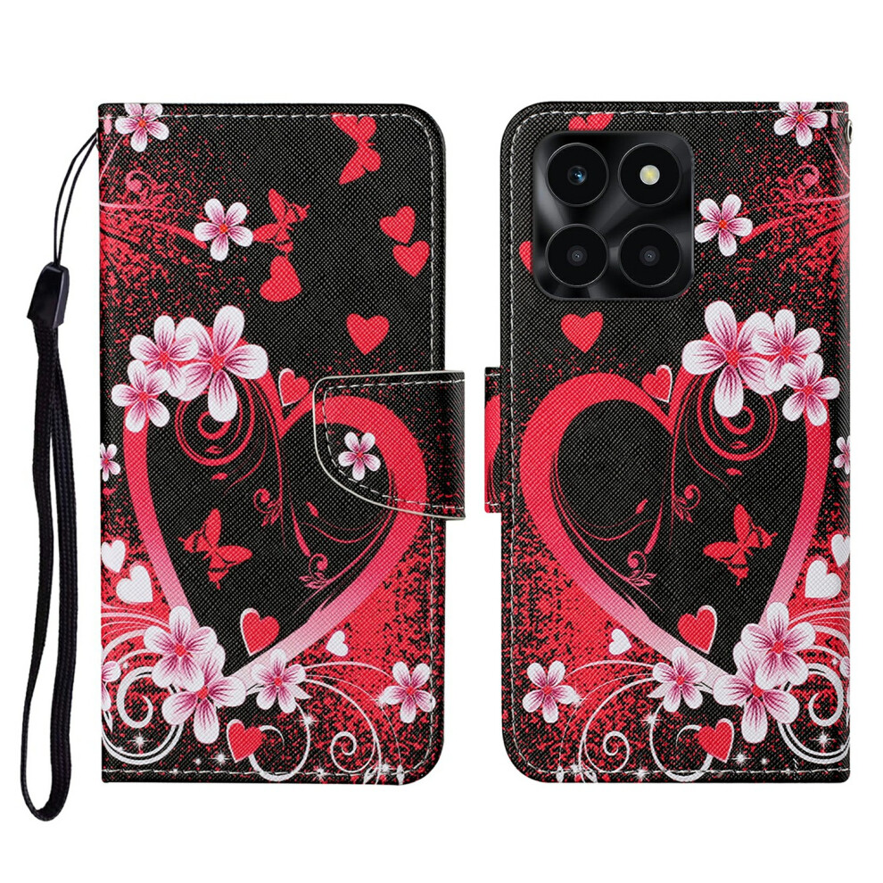 ( Heart) Protective Case For Honor X6c 4G / X6b 4G / X6a 4G / X5b / X5b Plus Pattern Printing Leather Folio Phone Cover With Wrist Red 6914296734645