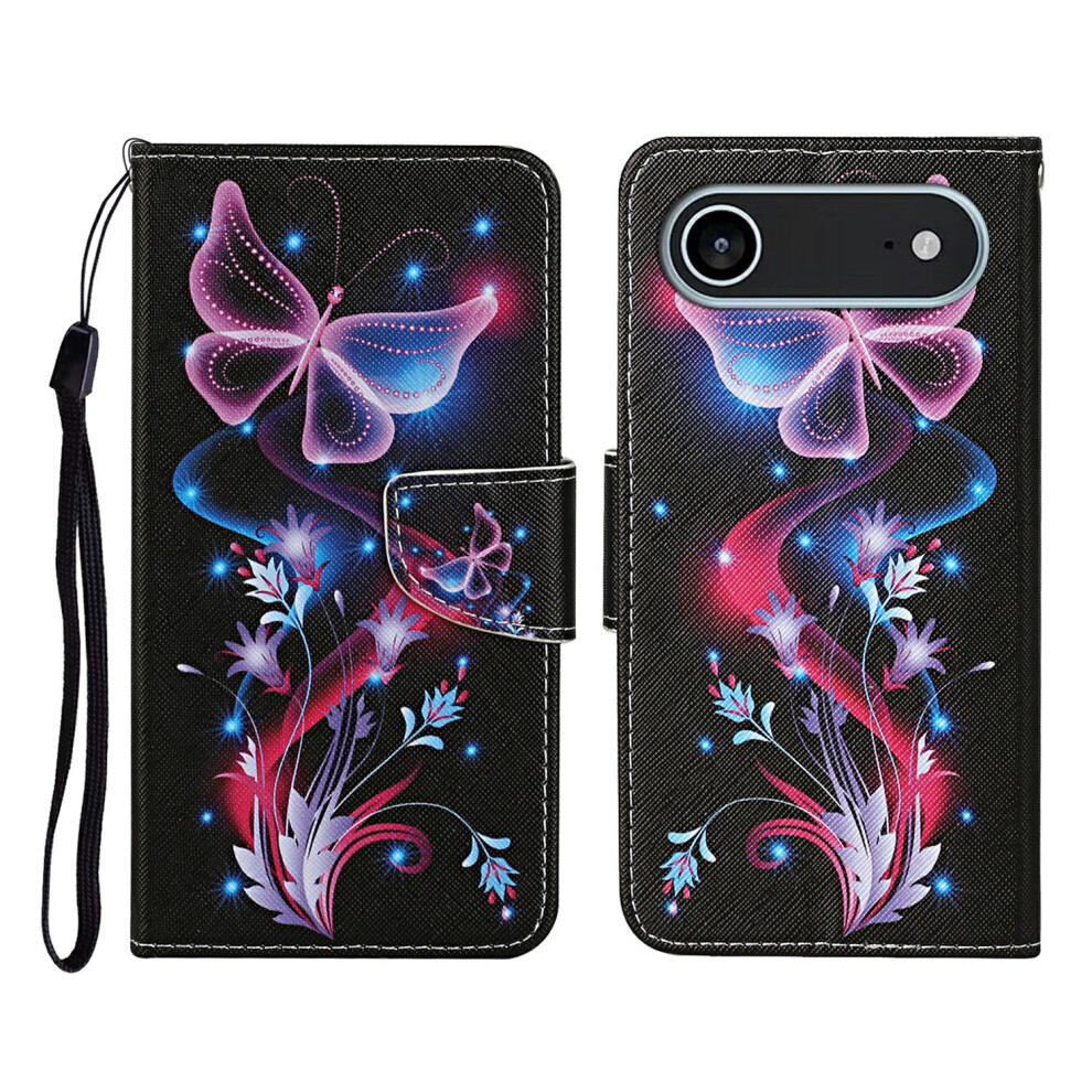 (Glowing Butterfly) For Iphone Air Case Pattern Printing Protective Leather Folio Phone Cover With Wrist Strap 6914296376982