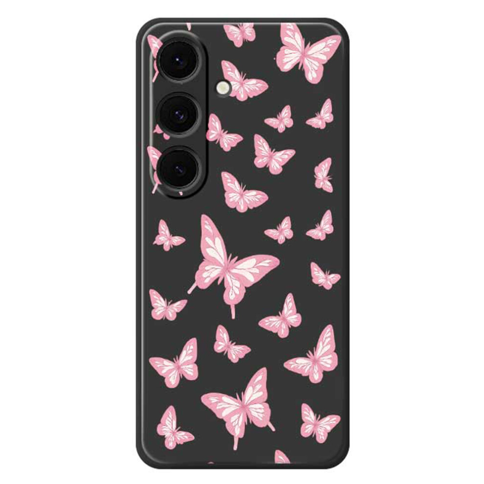 (Black) For Samsung Galaxy S24 Fe Case Pink Butterflies Pattern Printing Straight Edge Tpu Phone Back Cover Pink,Black 6914297684819