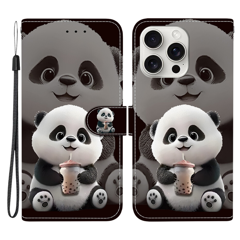 (Milk Tea Panda) For Iphone 16 Pro Leather Case Stand Wallet Pattern Printing Phone Cover With Wrist Strap 6914294240209