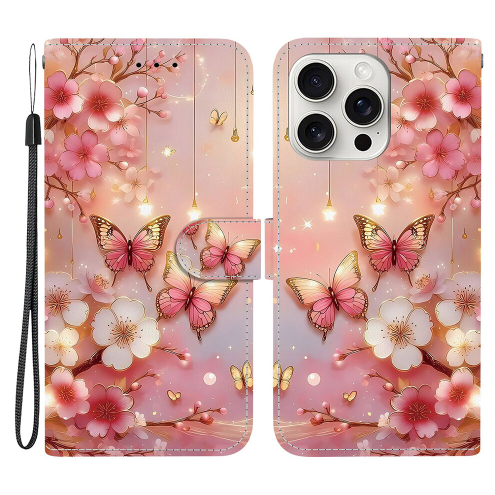 (Lantern Butterfly) For Iphone 16 Pro Leather Case Stand Wallet Pattern Printing Phone Cover With Wrist Strap 6914293564702