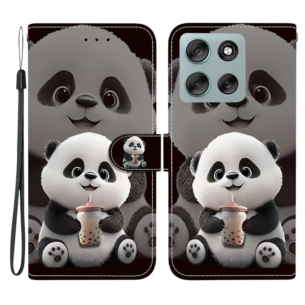 (Milk Tea Panda) For Motorola Moto G56 5G Leather Case Stand Wallet Pattern Printing Phone Cover With Wrist Strap 6914293856685
