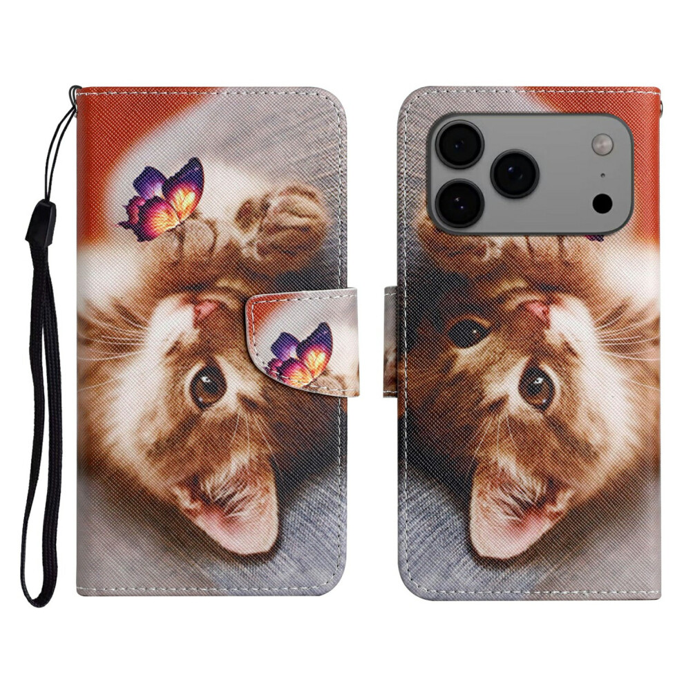 (Butterfly Cat) For Iphone 17 Pro Case Pattern Printing Protective Leather Folio Phone Cover With Wrist Strap 6914295069793