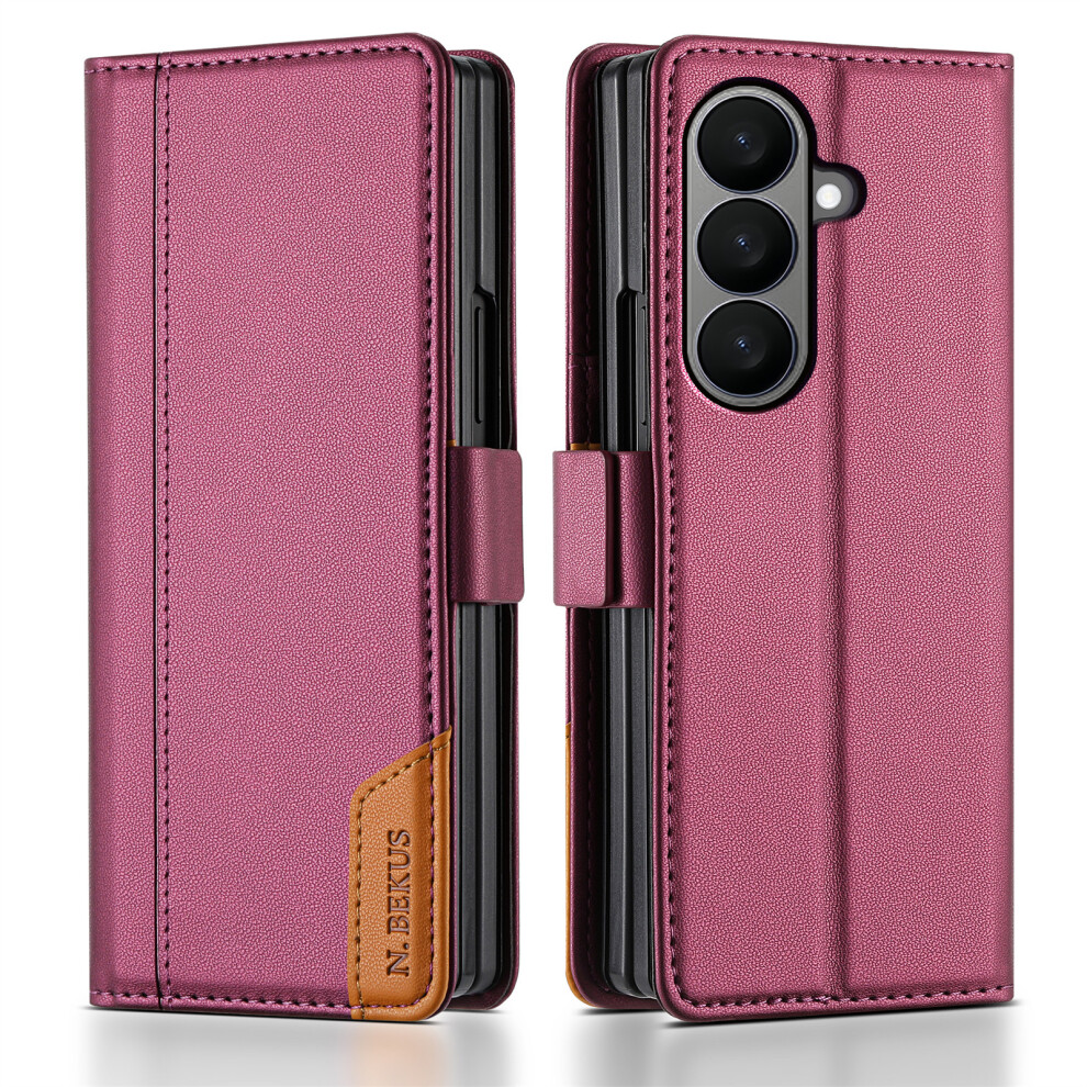 (Wine ) N.bekus For Samsung Galaxy Z Fold7 5G Stand Case Rfid Blocking Pu Leather Wallet Phone Cover Red 6914299848318