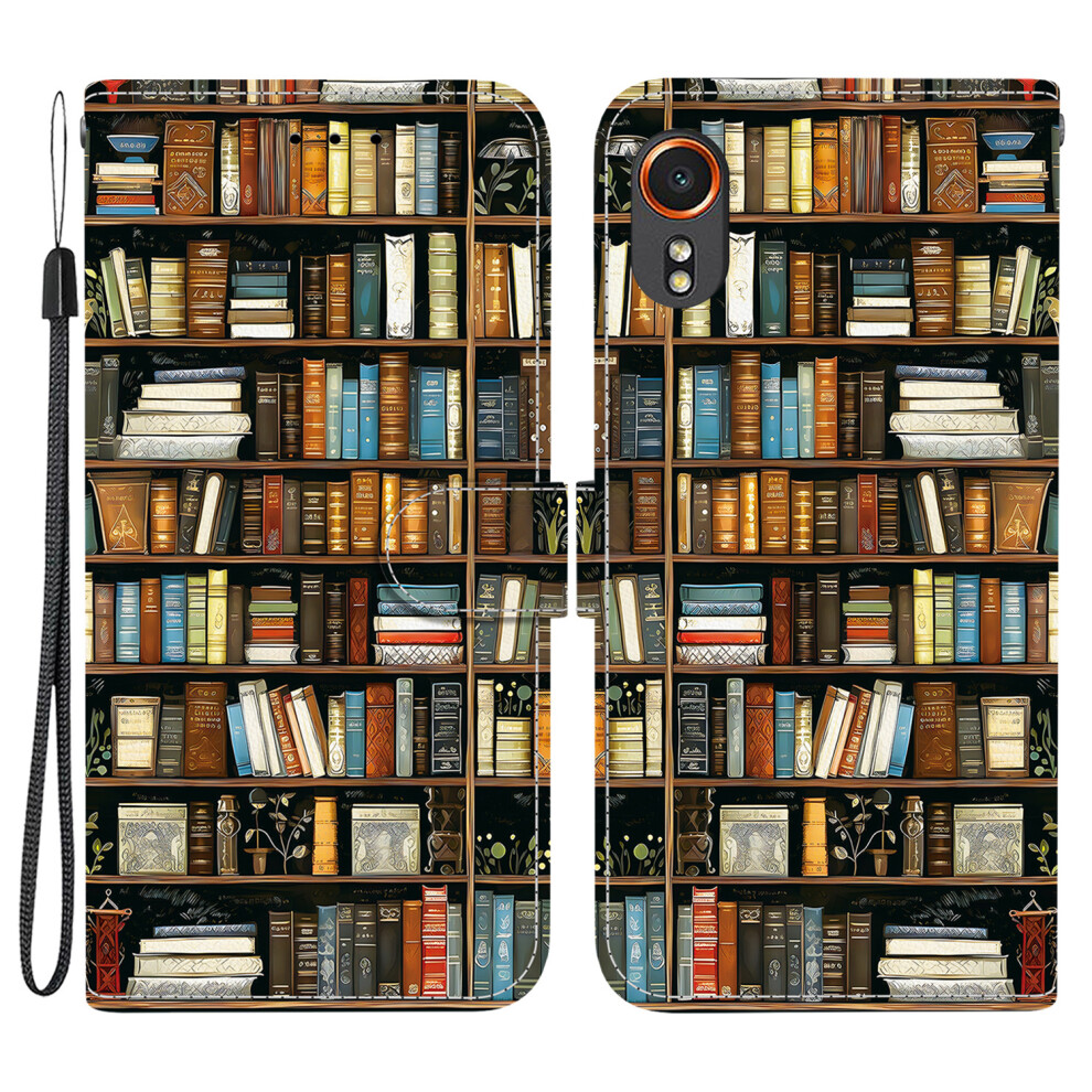 (Bookshelf) For Samsung Galaxy Xcover7 Leather Case Stand Wallet Pattern Printing Phone Cover With Wrist Strap 6914293268037