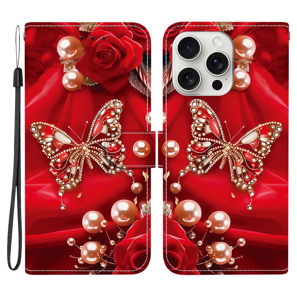 (Pearl Butterfly Rose) For Iphone 16 Pro Max Leather Case Stand Wallet Pattern Printing Phone Cover With Wrist Strap White 6914297599106