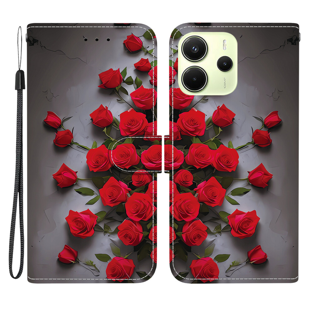 ( Rose) For Xiaomi Mi Note 14 4G (164.84Mm) Leather Case Stand Wallet Pattern Printing Phone Cover With Wrist Strap Red 6914291523145