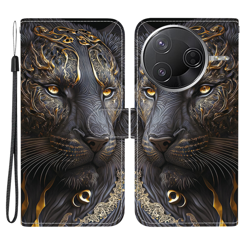 (Black Gold Lion) Leather Case For Xiaomi Redmi K80 Pro 5G / K80 5G / Poco F7 Pro 5G / F7 Ultra 5G Pattern Printing Phone Cover With Wrist Str Black,Gold 6914298024010