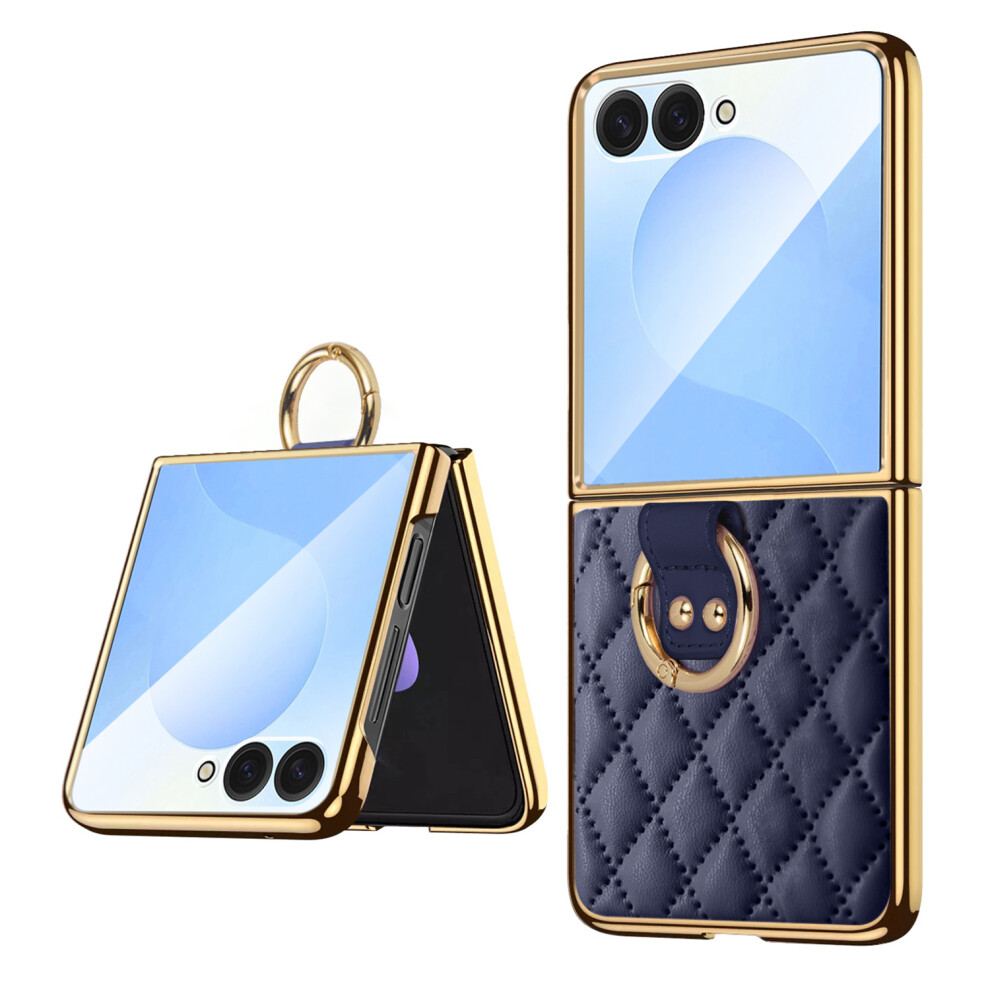 (Blue) For Samsung Galaxy Z Flip7 5G Case Rhombus Grid Phone Cover With Tempered Glass Film Blue 6914291941550