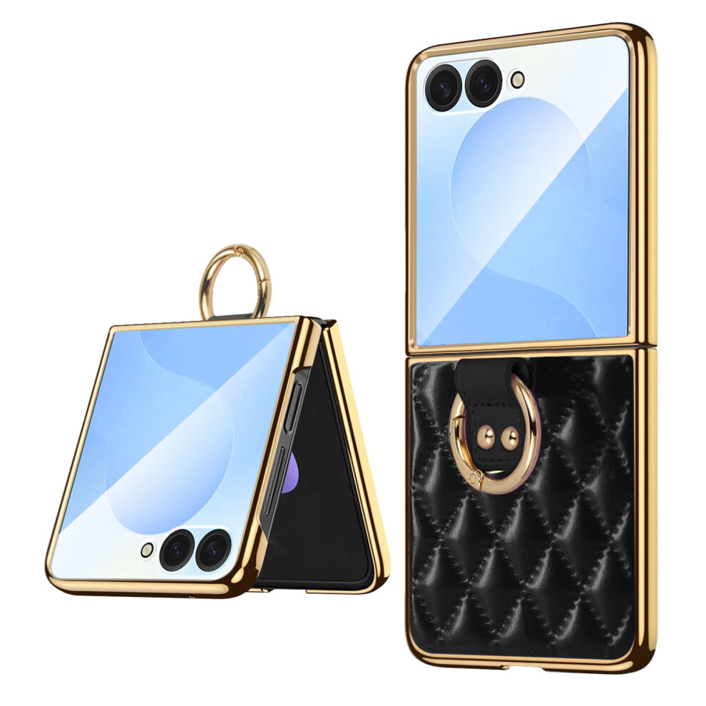 (Black) For Samsung Galaxy Z Flip7 5G Case Rhombus Grid Phone Cover With Tempered Glass Film Black 6914294281813