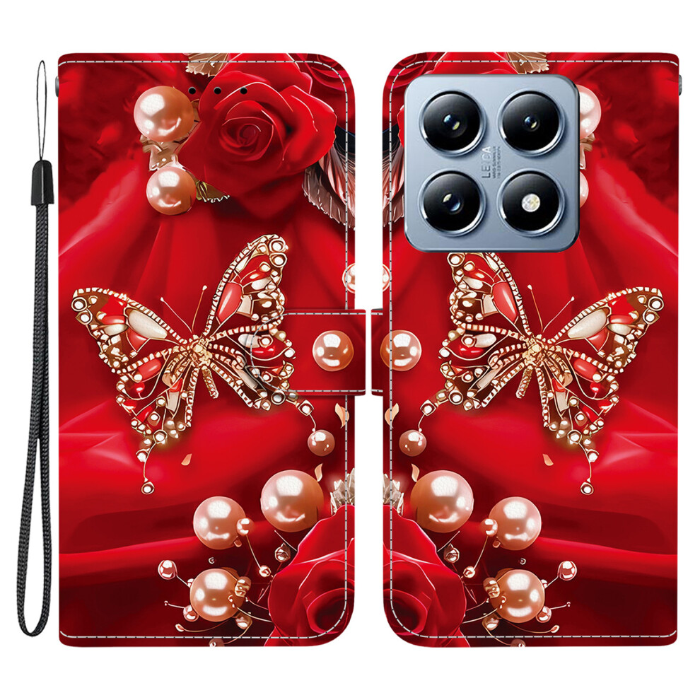 (Pearl Butterfly Rose) For Xiaomi 14T Pro Leather Case Stand Wallet Pattern Printing Phone Cover With Wrist Strap White 6914298665152