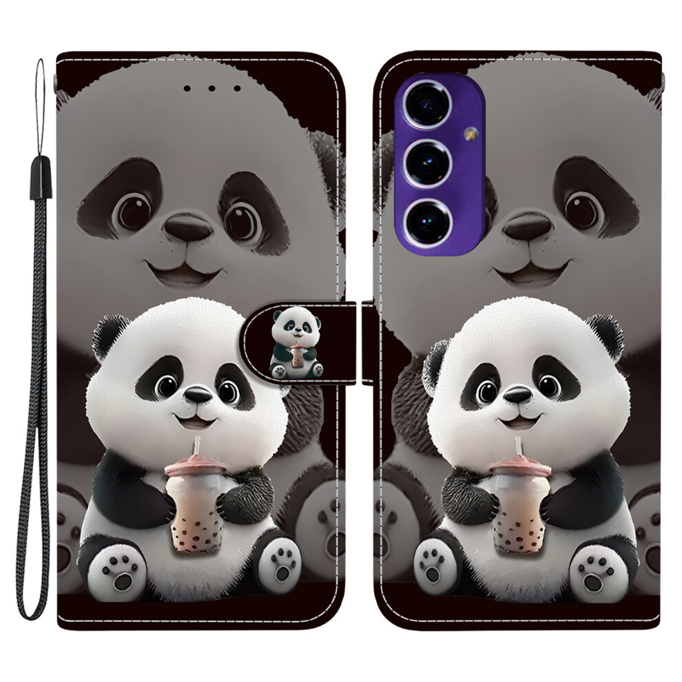 (Milk Tea Panda) For Samsung Galaxy S24 Fe Leather Case Stand Wallet Pattern Printing Phone Cover With Wrist Strap 6914296330106